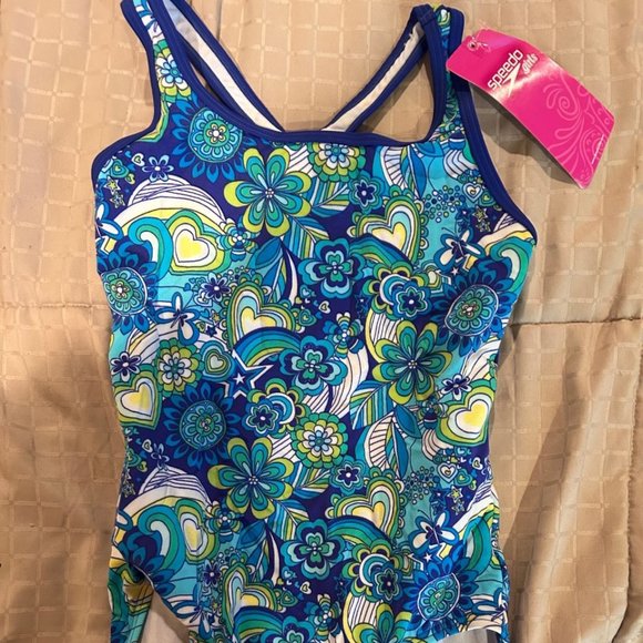 Girls SPEEDO  Blue & Green Floral One-Piece Bathing Suit - size 14 - NEW, NWT - Picture 1 of 5